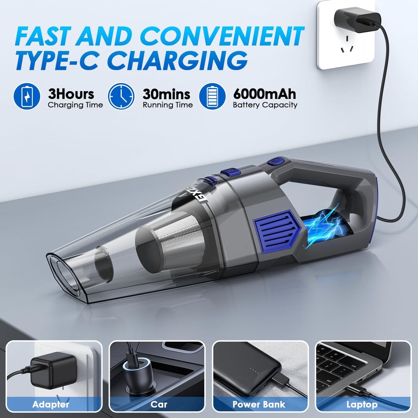 Portable Hand Vacuum with Multi-Nozzles & Washable Filter