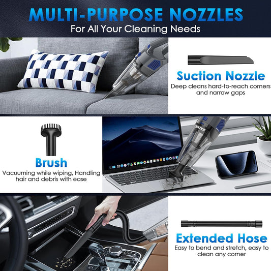 Portable Hand Vacuum with Multi-Nozzles & Washable Filter