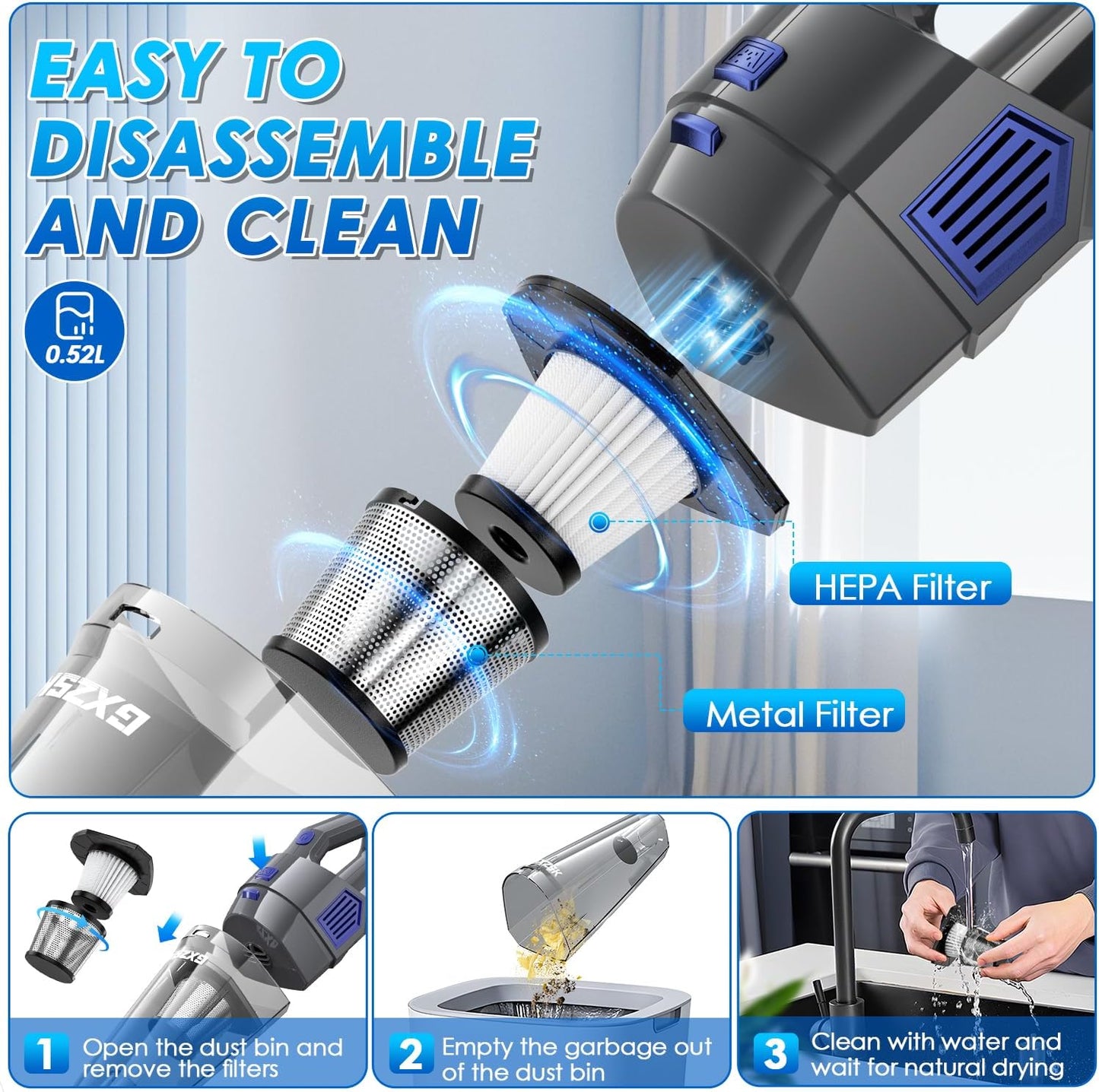 Portable Hand Vacuum with Multi-Nozzles & Washable Filter